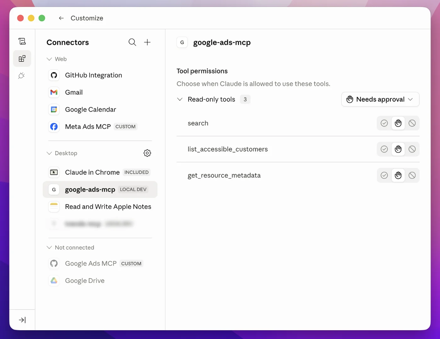 Google Ads MCP tools disponibles en Claude Desktop: search, list_accessible_customers, get_resource_metadata