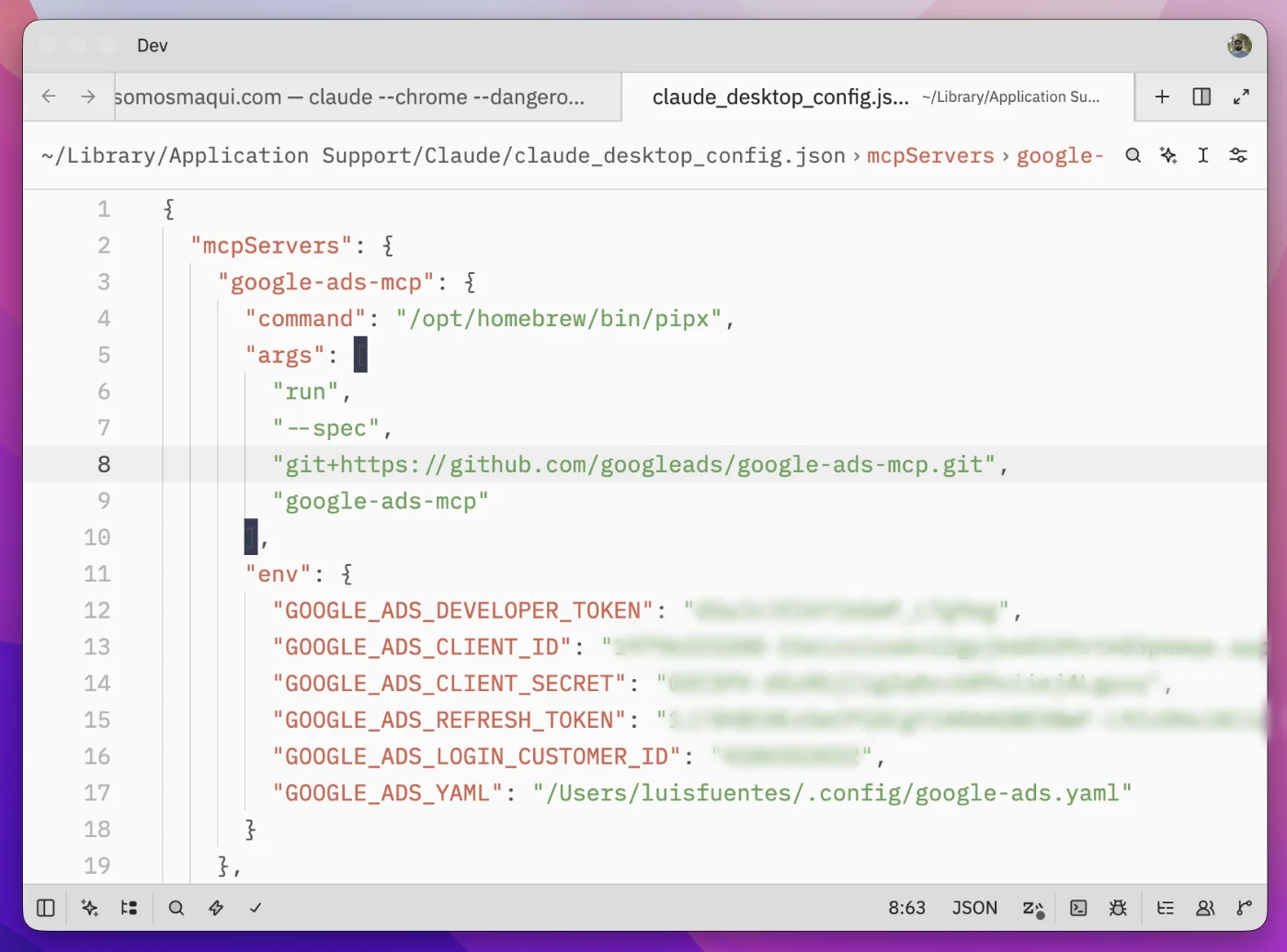 Configuración del Google Ads MCP Server en claude_desktop_config.json
